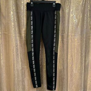 PINK Victorias Secret Black Dark Green Logo Stripe Cozy Leggings Small